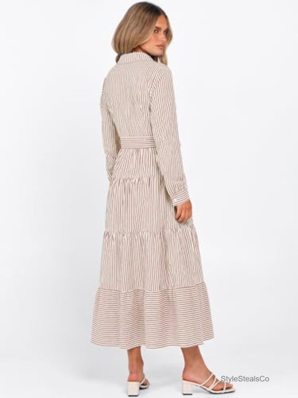 Long Sleeve Striped Flowy Maxi Dress Button Down Ruffle Hem Tie Waist Shirt - Picture 4 of 6
